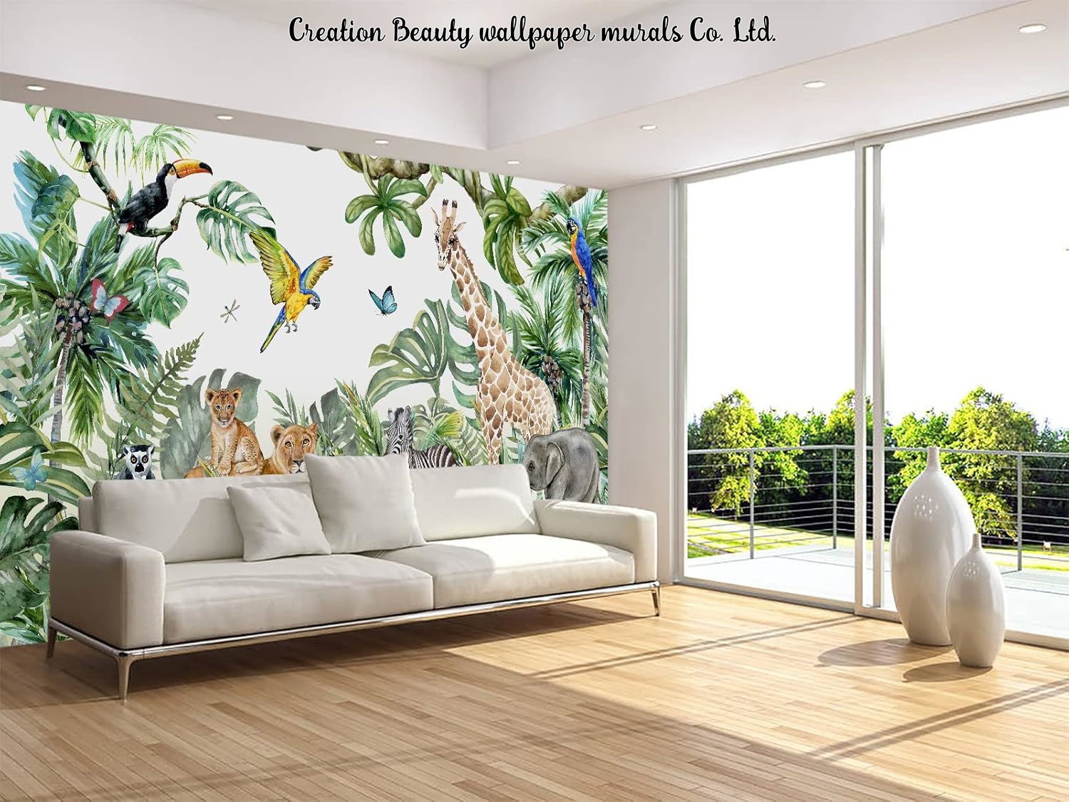 Watercolor Animals Jungle Wall - Baby Nursery Jungle Wallpaper บทวิจารณ์และราคา