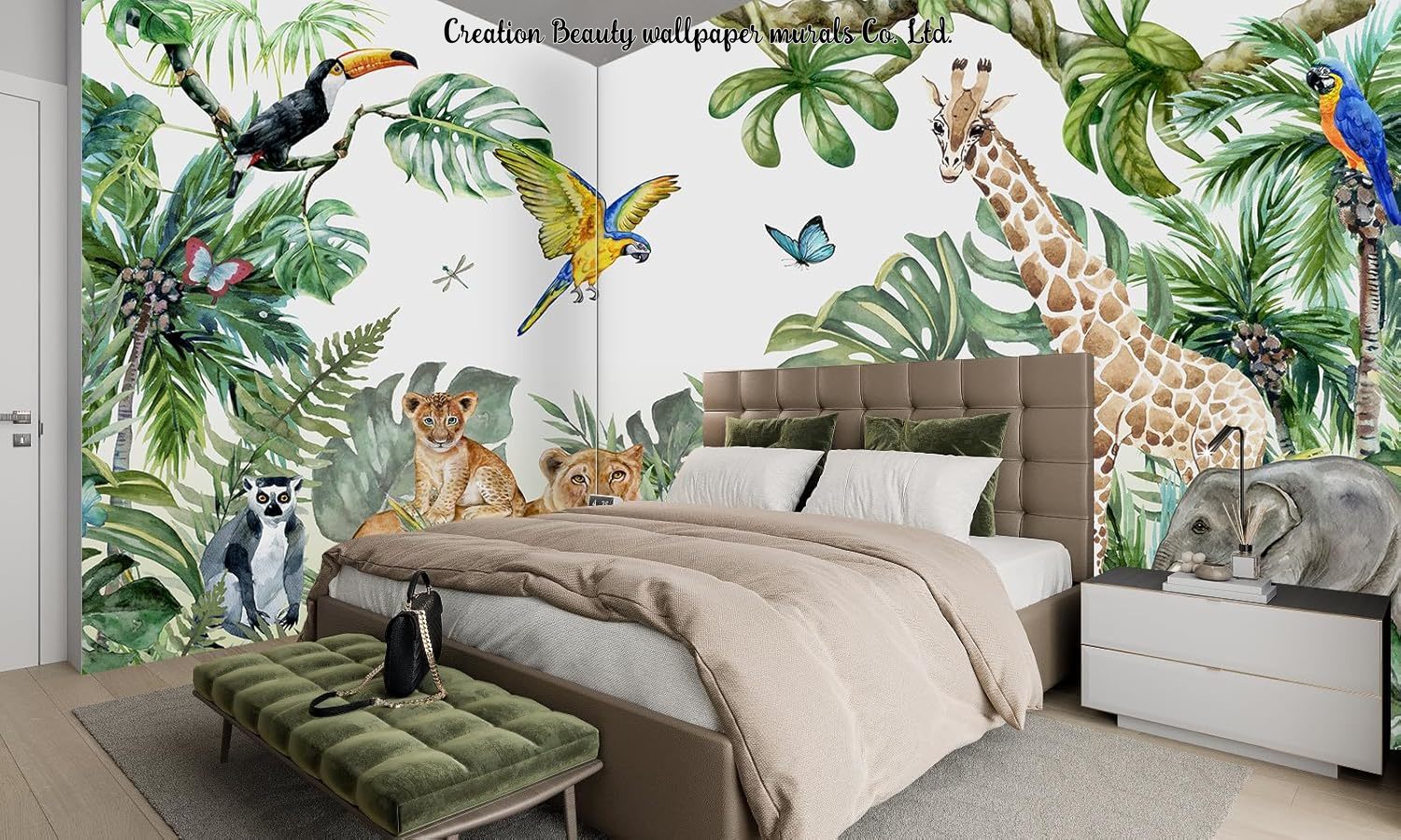Watercolor Animals Jungle Wall - Baby Nursery Jungle Wallpaper บทวิจารณ์และราคา