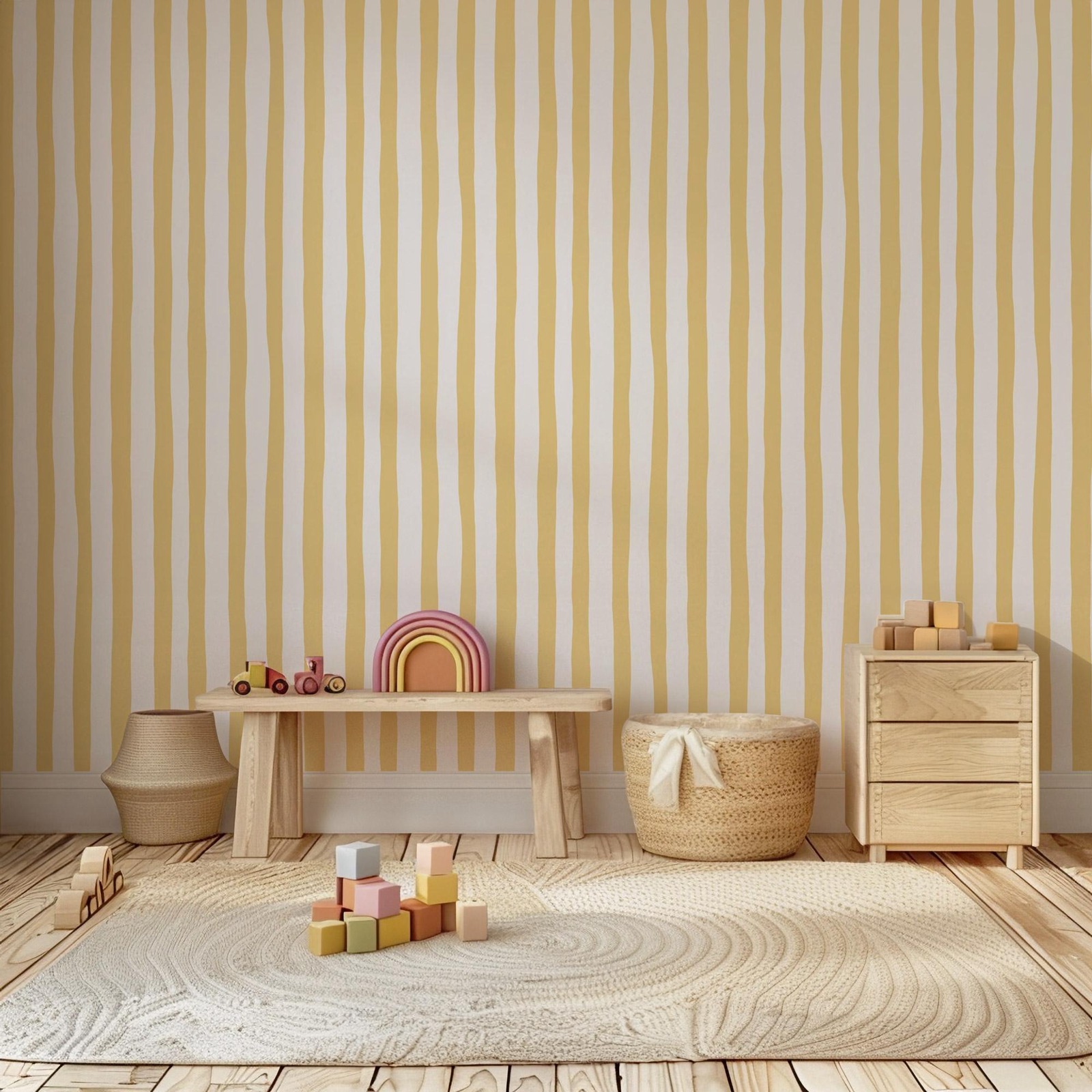 Sunshine Yellow Wobbly Stripes - Baby Nursery Yellow Walls บทวิจารณ์และราคา